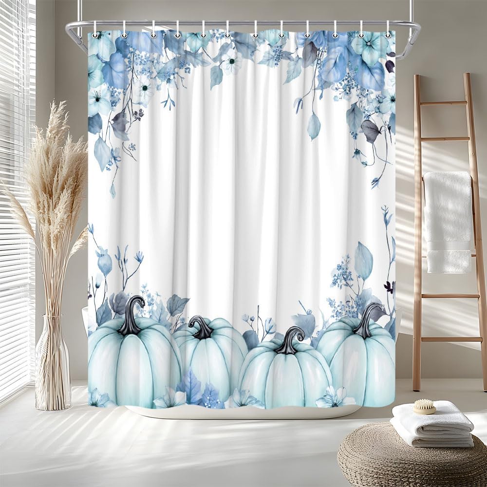 Fall Pumpkin Floral Shower Curtain Blue Teal Pumpkins Maple Leaves Watercolor Autumn Plant Farmhouse Thanksgiving Harvest Bath Curtain Fabric Bathroom Accessories Decor with Hooks 70W x90L
