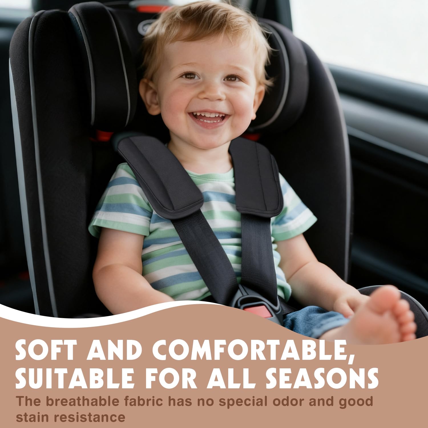 FIGCY 3 Pcs Soft Baby Shoulder Pad & Crotch Cover, Black Kids Seatbelt Covers - Image 4
