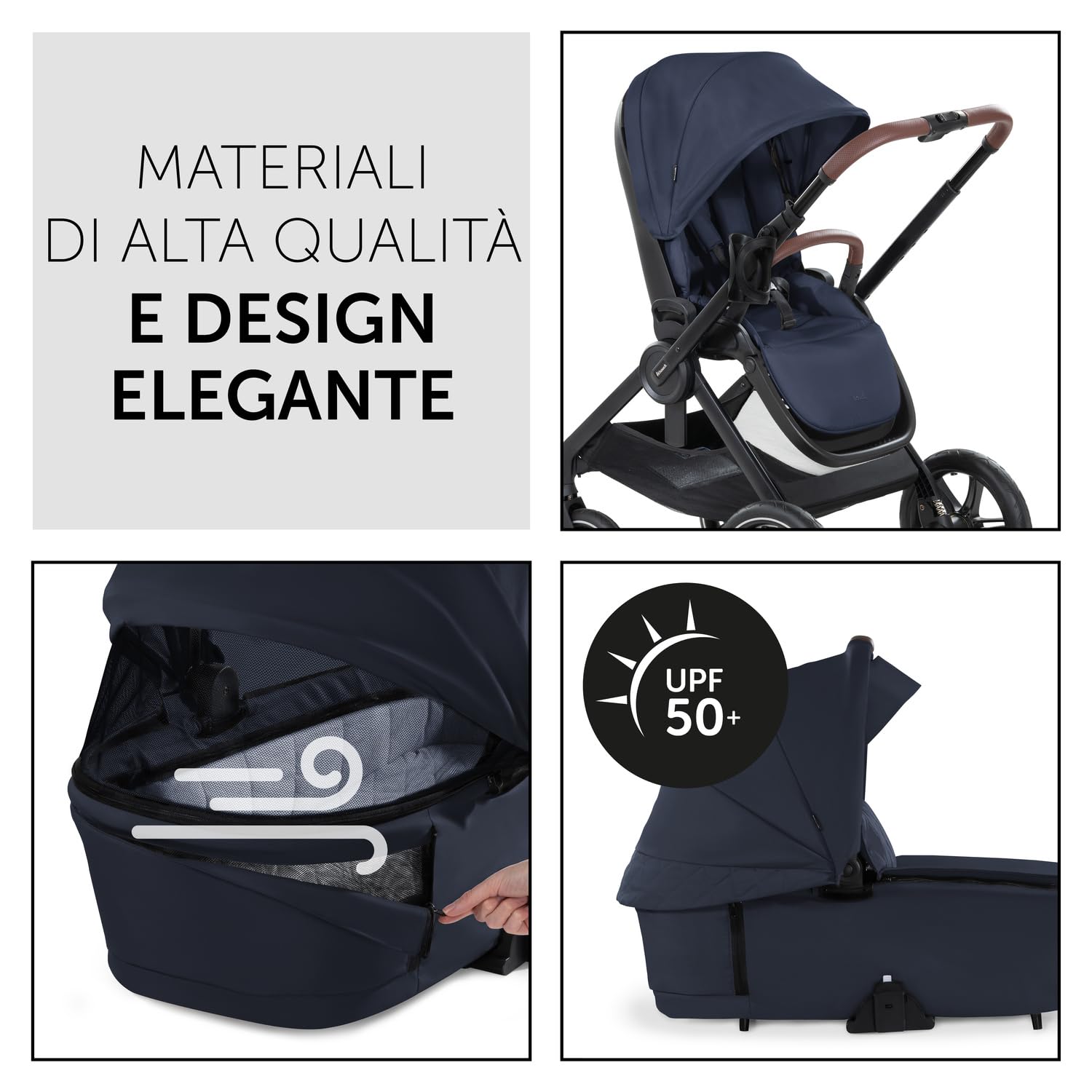 hauck Walk N Care Set, Dark Navy Blue - Carrozzina e Passeggino 2in1 con Navicella - Seduta Reversibile e Reclinabile - Maniglione Telescopico - Portabibite - Cappotta UPF 50+ - Ruote in Gomma