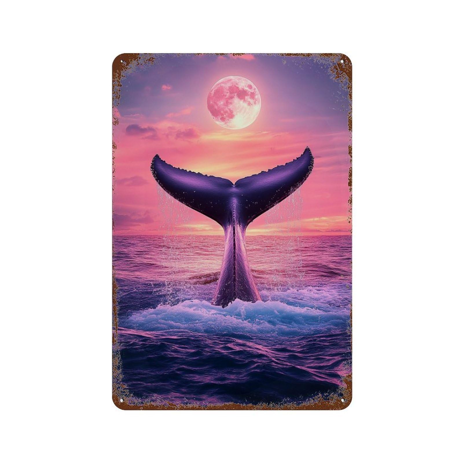 Vintage Rust Metal Sign Whale Tail Sunset Moon 11.8"x7.9", Old School Wall Decor for Garage, Bar And Workshop Decor