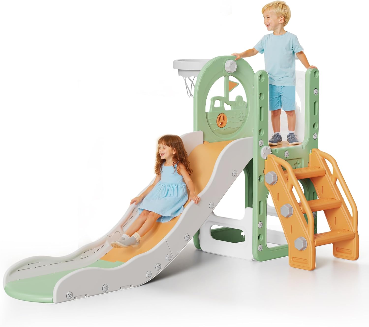 6 in 1 Toddler Slide,Baby Playset for Indoor Outdoor Playground with Basketball Hoop,Storage and Telescope,Climbing Toys for Toddler Playground Playset (Green)