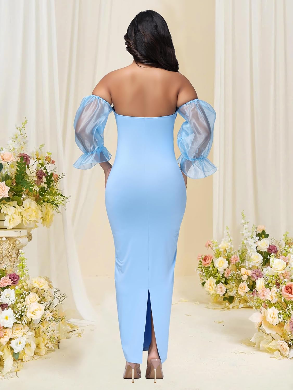 Maternity Off Shoulder Lantern Sleeves Maxi Baby Shower Dress for Photoshoot Back Split Bodycon Party Long Gown