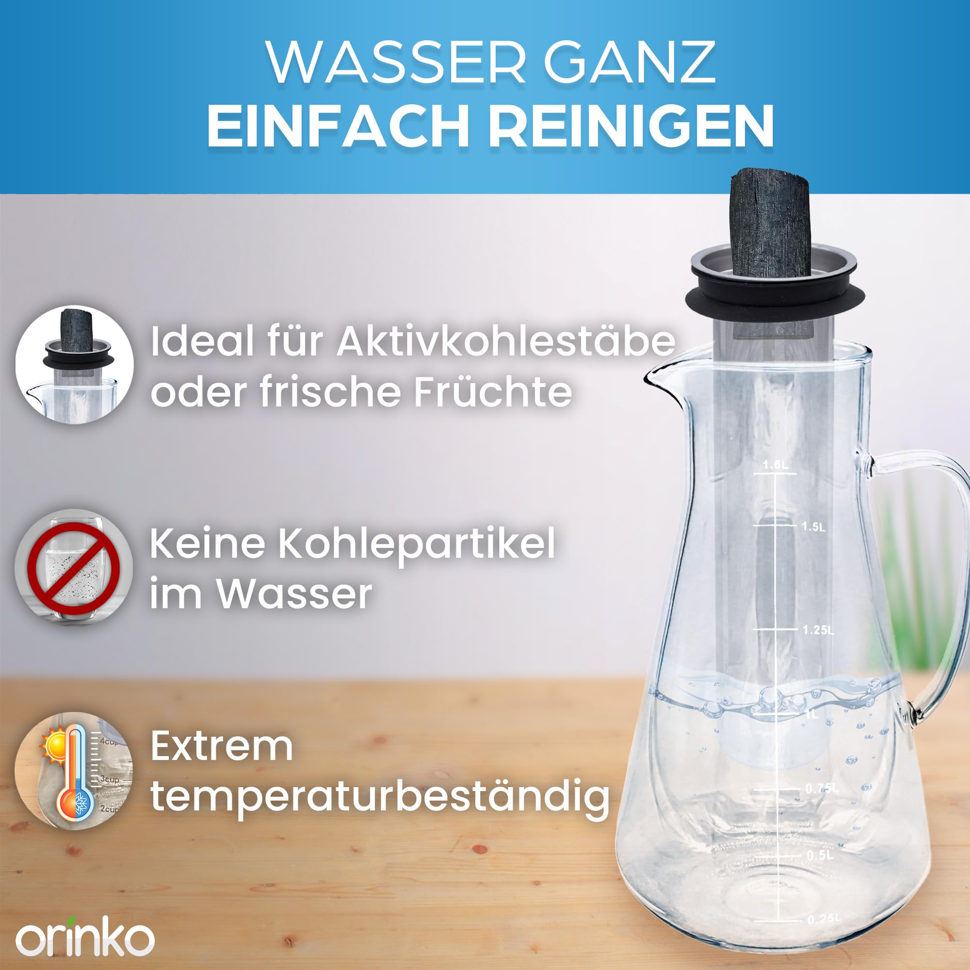 ORINKO® 1,6L Glaskaraffe mit Binchotan Aktivkohle Wasserfilter - Karaffe mit Fruchteinsatz für Erfrischende Getränke - Umweltfreundlicher Wasserfilter für Gesunde Hydration