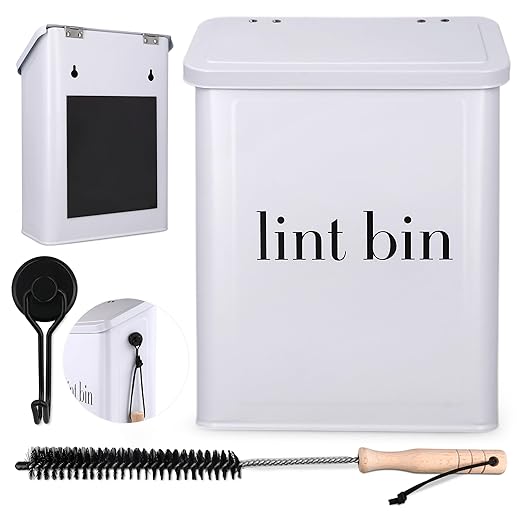 Magnetic Lint Bin for Laundry Room Organization and Storage, Includes Magnetic Hook & Lint Brush, Wall-Mounted Laundry Dryer Bin for Laundry Room Decor, Space-Saving Trash Can (Matte White)
