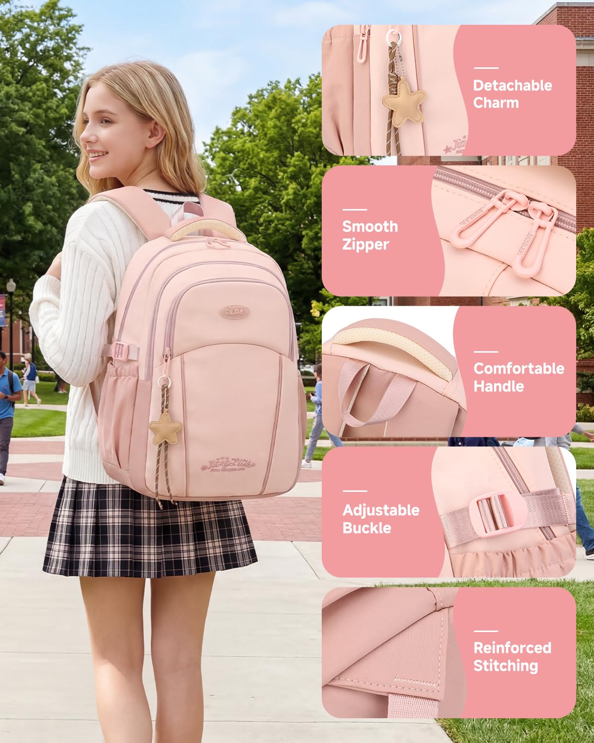 Sac à Dos Fille Adolescent - Cartable Scolaire Imperméable avec Porte-clés étoile - Sac a Dos pour École Primaire College Lycée à la Mode pour PC 15.6", Rose