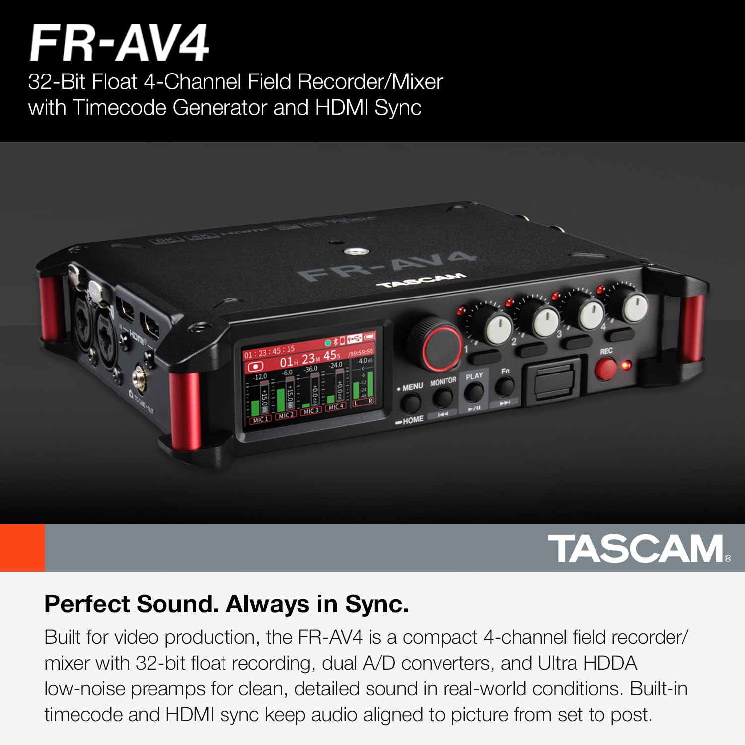 TASCAM FR-AV4 - Professioneller 4 Spur Field Recorder mit 32-Bit-Float, Timecode & HDMI-Sync, kaskadierbar