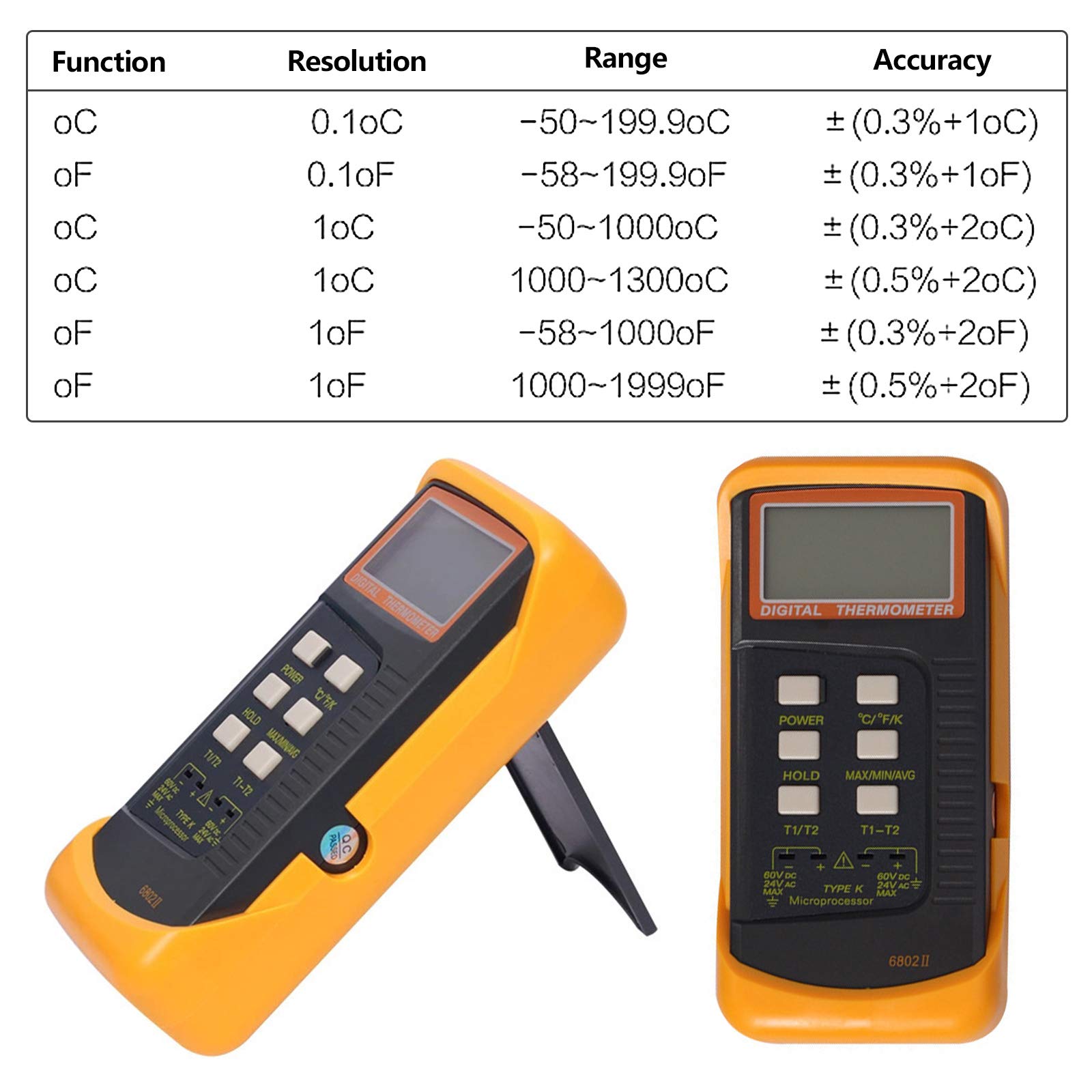 2 Dual Digitales Thermometer, DT-6802 II Kanal K-Typ Thermoelementen Sensor Sonde Temperaturmessgerät Temperaturmesser für Thermoelement Typen K/J/T/E/R/S/N