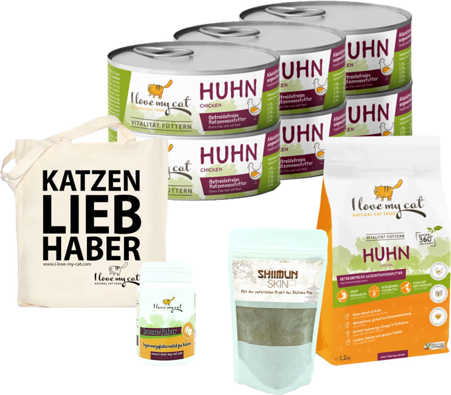 I Love My Cat Pack Ahorro Gato Siberiano, Comida Húmeda sin Cereales 6×100 g, Pienso con Pollo 1,2 kg, Suplemento Shiimun Skin 50 g e Immun 35 g