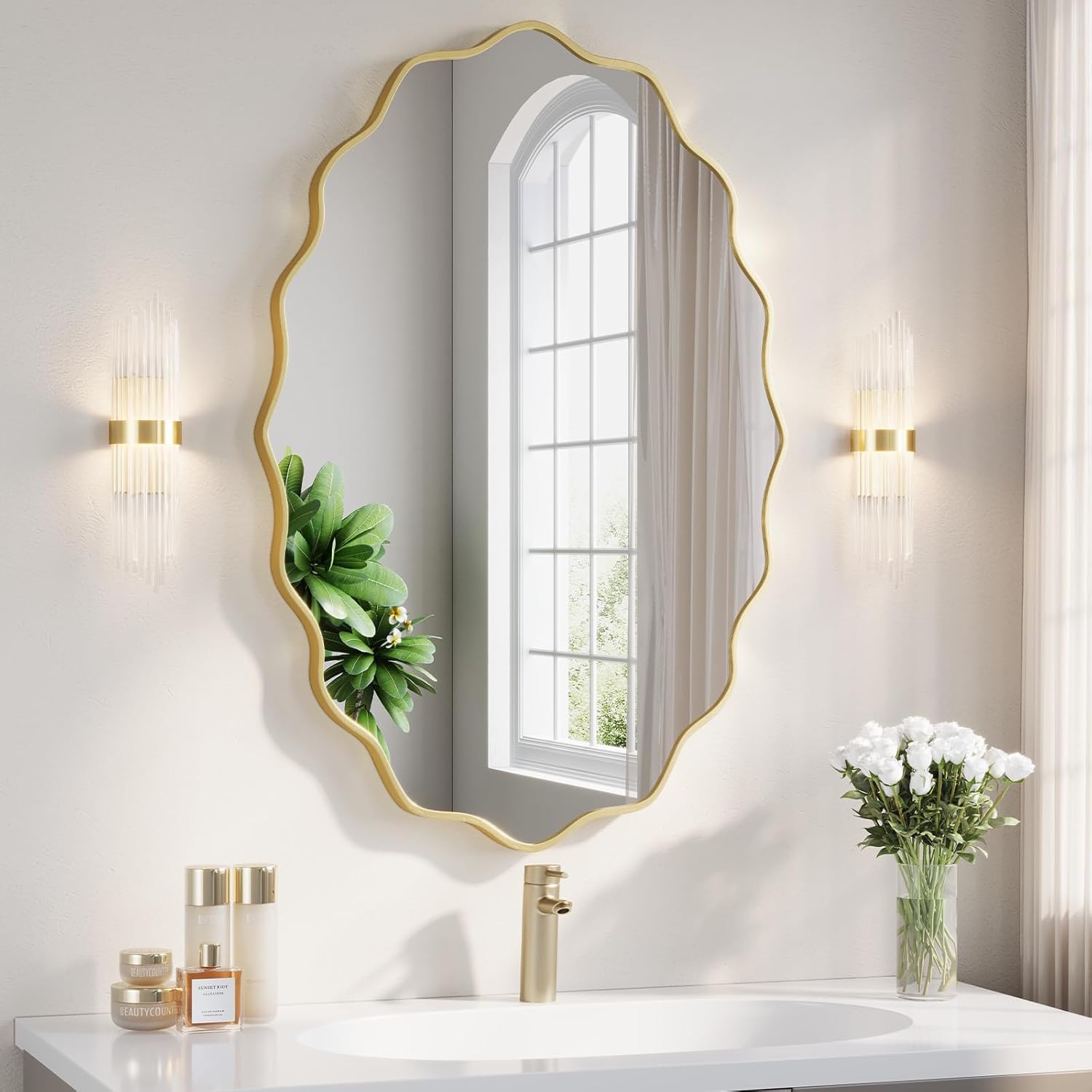 ULIKE 20x30 Gold Oval Wavy Mirror for Bathroom, Metal Frame Decorative Gold Wall Mirror with Tempered Glass, Vanity for Over Sink Bedroom Entryway Living Room, Horizontal or Vertical