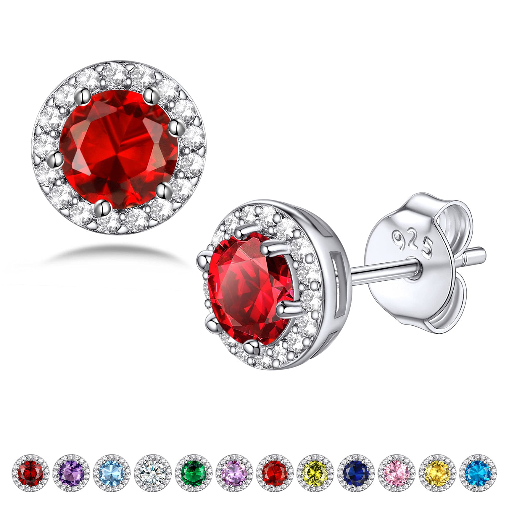 Bestyle Sparkling 925 Sterling Silver Birthstone Stud Earrings for Women, Heart/Round/Teardrop/Square Solitaire Diamond Studs Earrings, Great Birthday/Christmas Gifts