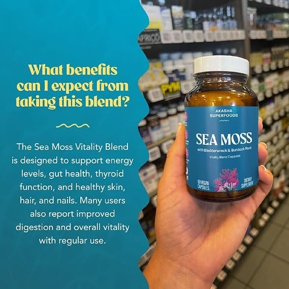 Sea Moss Capsules, Organic Irish Moss with Bladderwrack Root, Burdock Root, and BioPerine, Skin, Thyroid, Digestion & Immunity Support for Women & Men, Gluten Free, Vegan, 60 Count