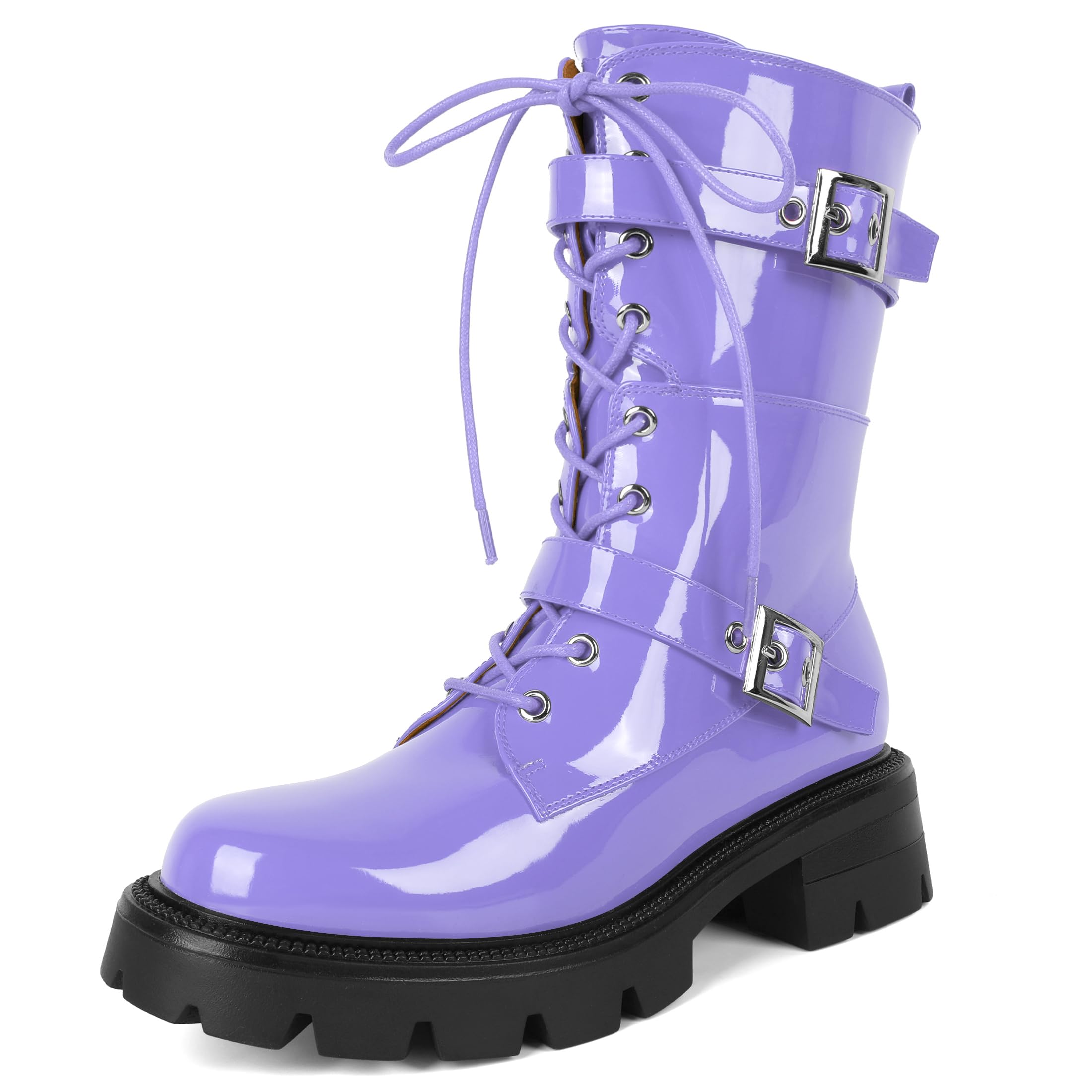 Eldof Women's Combat Boots Ankle Booties Lace Up Platform Lug Sole Chunky Low Heel Buckle Goth Motorcycle Boots for Women Side Zipper 2 Inches