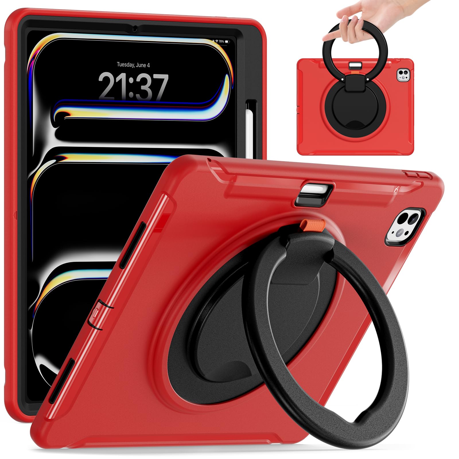Funda para iPad Pro 13 M5 2025抗震壳带360度旋转支架与屏幕保护红 8