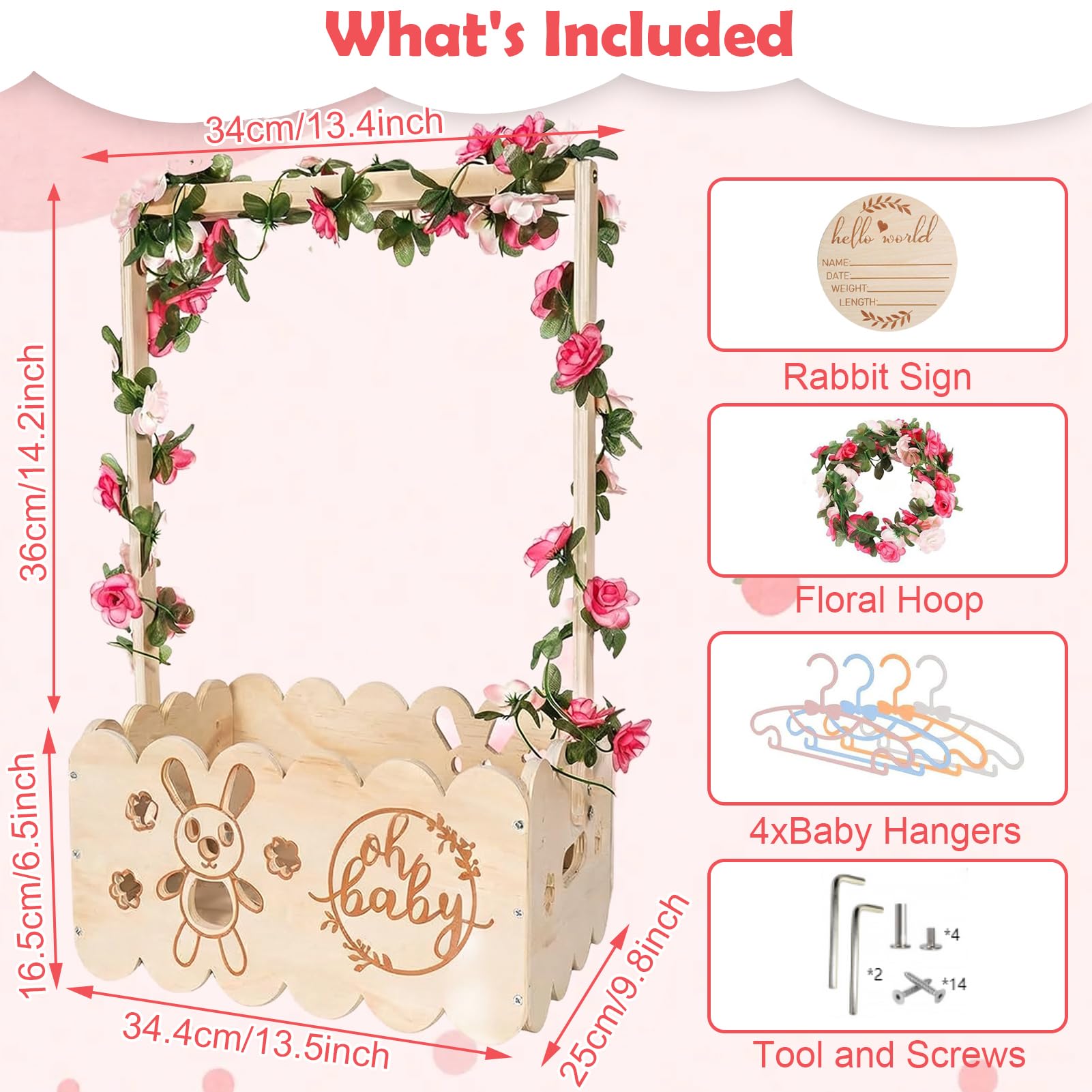 Holz Baby Geschenk Korb mit Griff - Baby Aufbewahrungskorb, Babyparty Schrank mit Namensschilder Holz, Girlanden Kunststoff und 4 Kinder KleiderbüGeln für Neugeborene Babyparty Neue Eltern