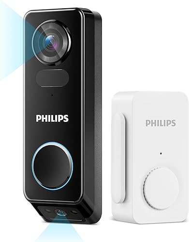 Philips Cámara de timbre de seguridad con video (timbre incluido), sin tarifa mensual, cámaras duales 2K FHD con detección de movimiento, audio de 2