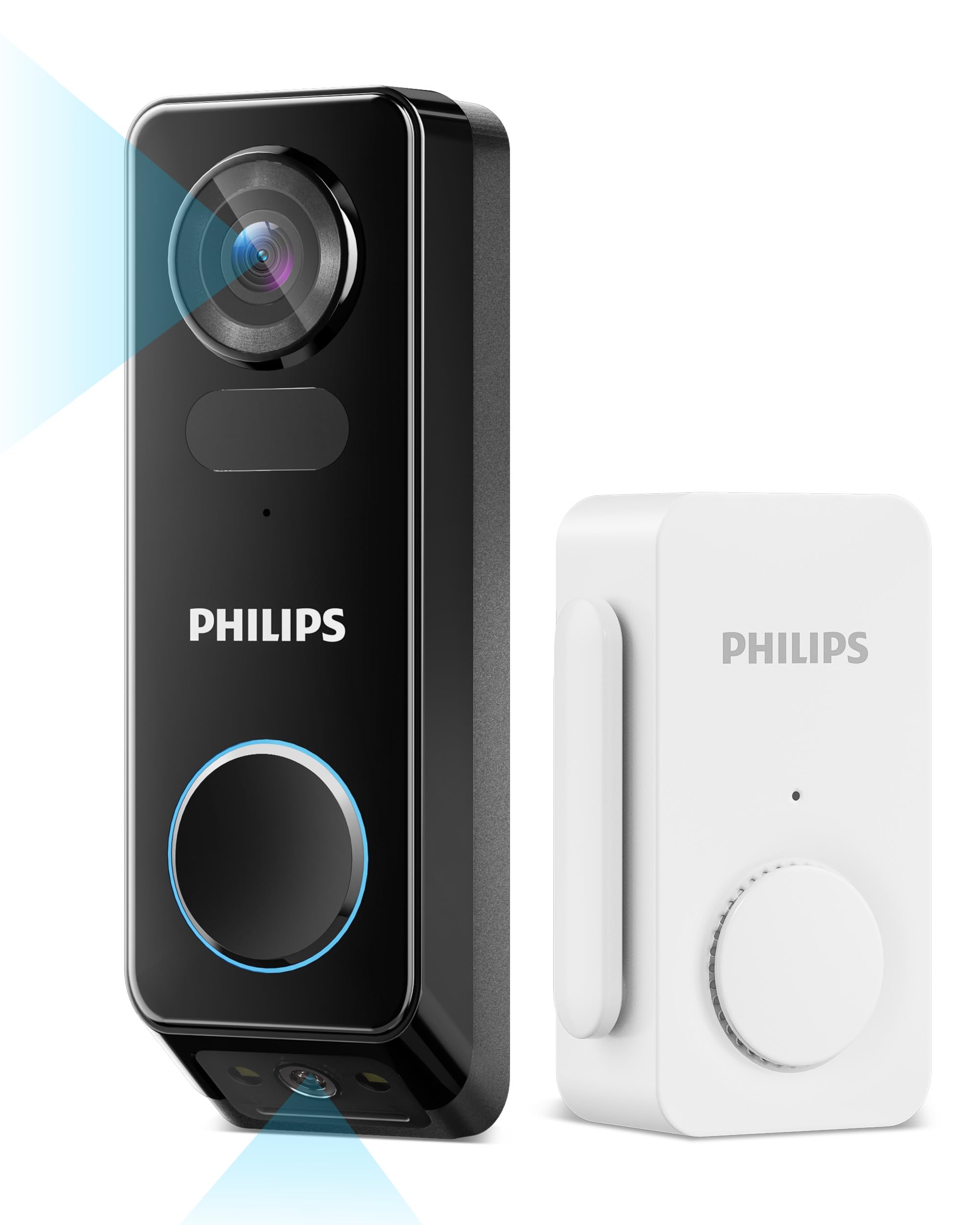 PHILIPS Security Video Doorbell Camera (Chime Included), No Monthly Fee, Dual Cameras 2K FHD with Motion Detection, 2-Way Audio, Supports Alexa & Google Assistant, Battery/Wired Powered Black