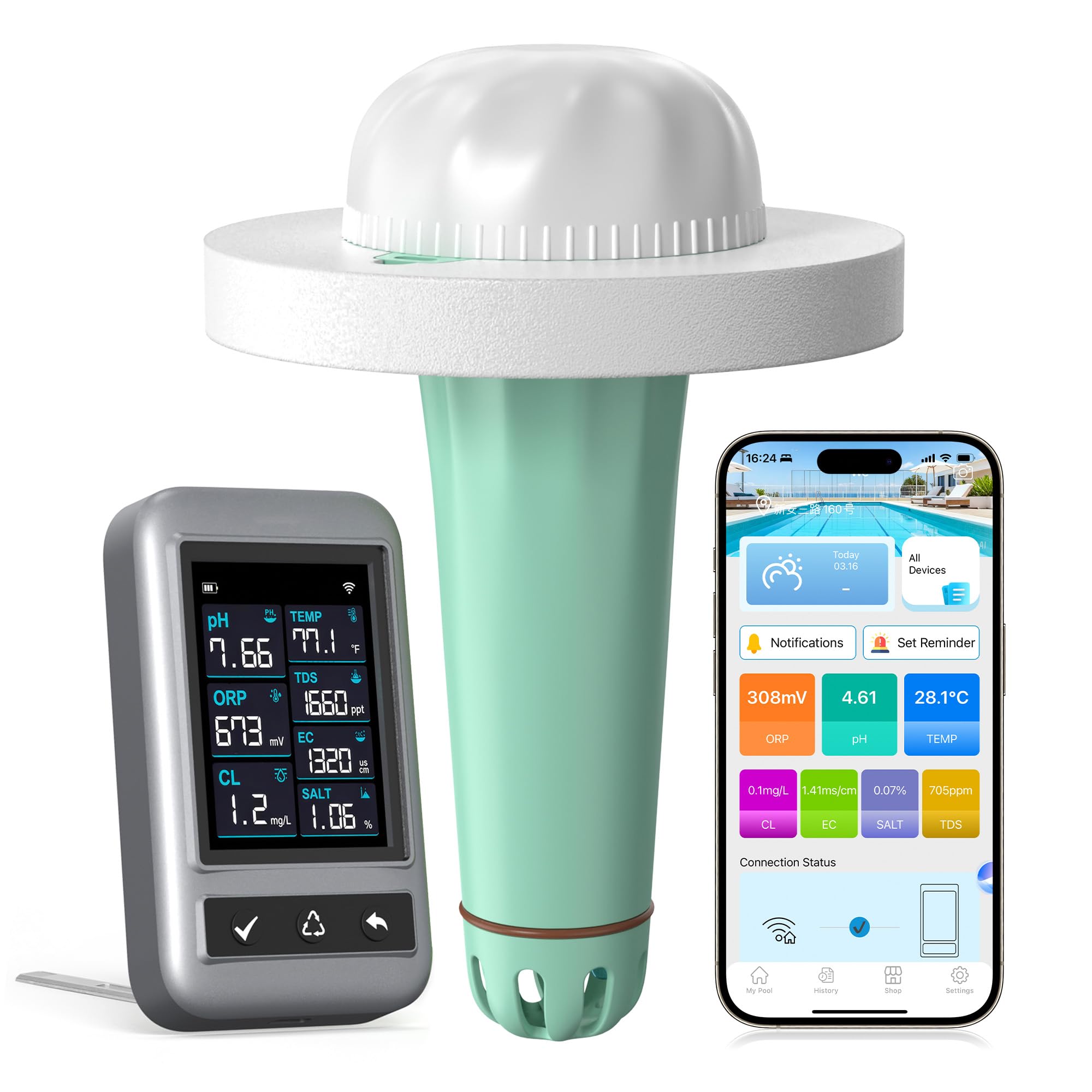 Photo 1 of Smart Pool Monitor with App Control, 7-in-1 Digital Pool Water Tester for pH, Chlorine, TDS, EC, ORP, Salt & Temp, Wireless 980ft Range, IP68 Floating Pool Testing Kit for Pools, Hot Tubs & Spas.