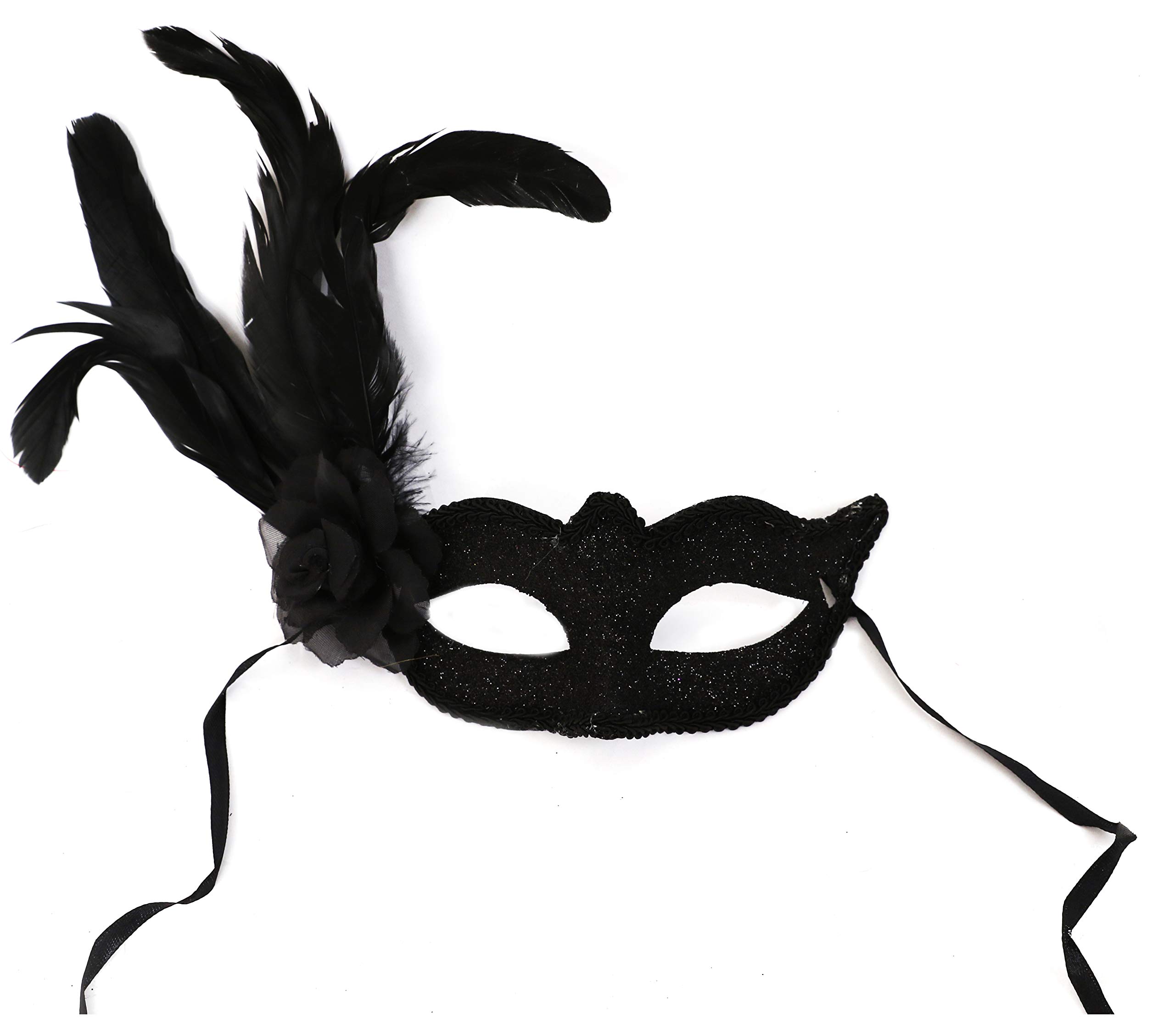 MASQUERADE MASKS FANCY DRESS COSTUME ACCESSORIES - BLACK MASQUERADE MASK CLASSIC DESIGN GLITTER FACE MASKS WITH BLACK FEATHERS AND ROSE