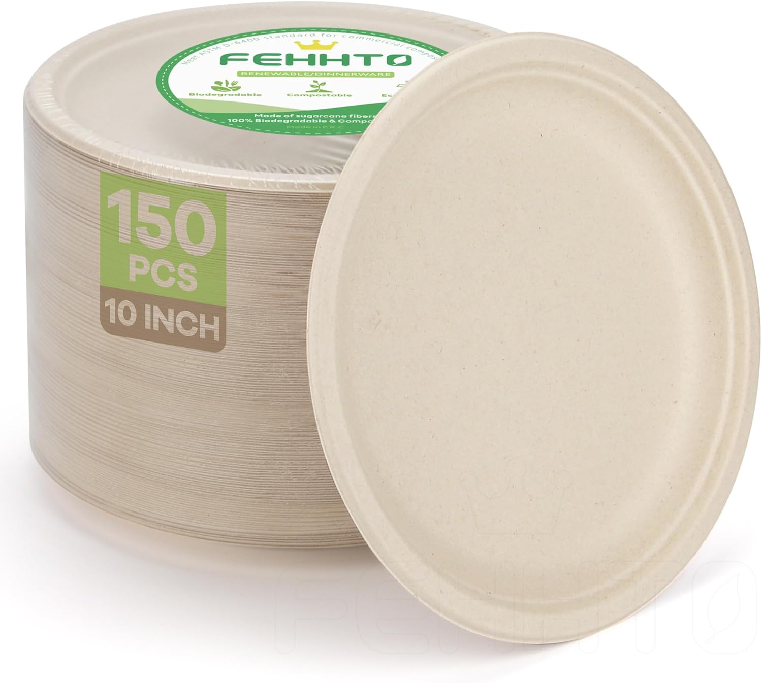 FEHHTO Compostable Paper Plates 10 Inch 150 Pcs Disposable