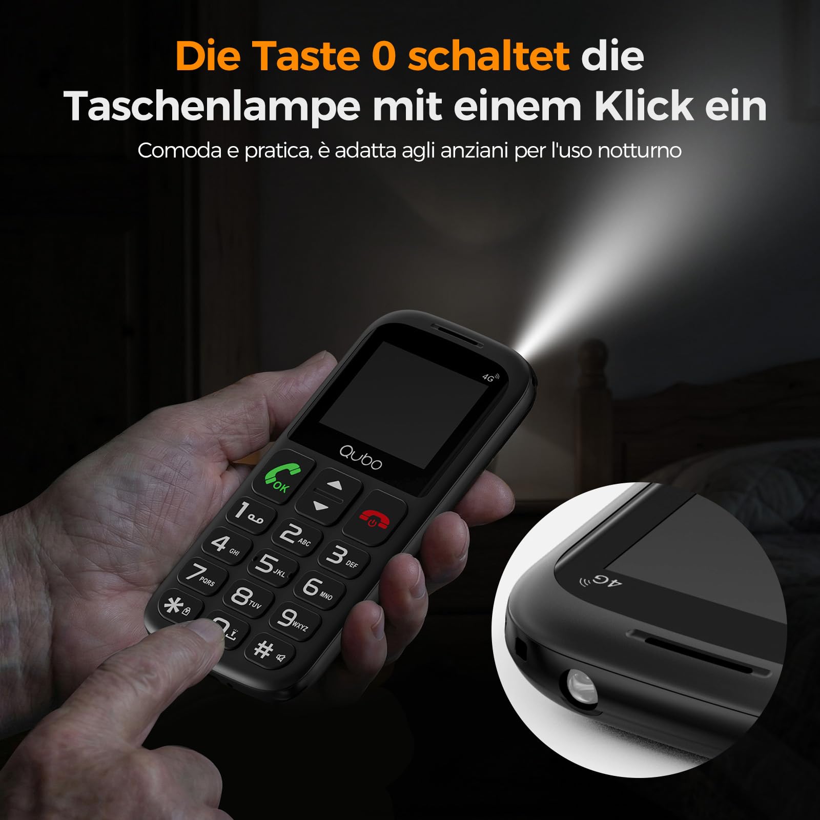 Qubo 4G Seniorenhandy ohne Vertrag |mit SOS-Notruftaste | Rentner Handy Große Tasten | Taschenlampe | Dual-SIM| USB-C | Tastenhandy mit Ladestation | 1,77 Zoll Farbdisplay