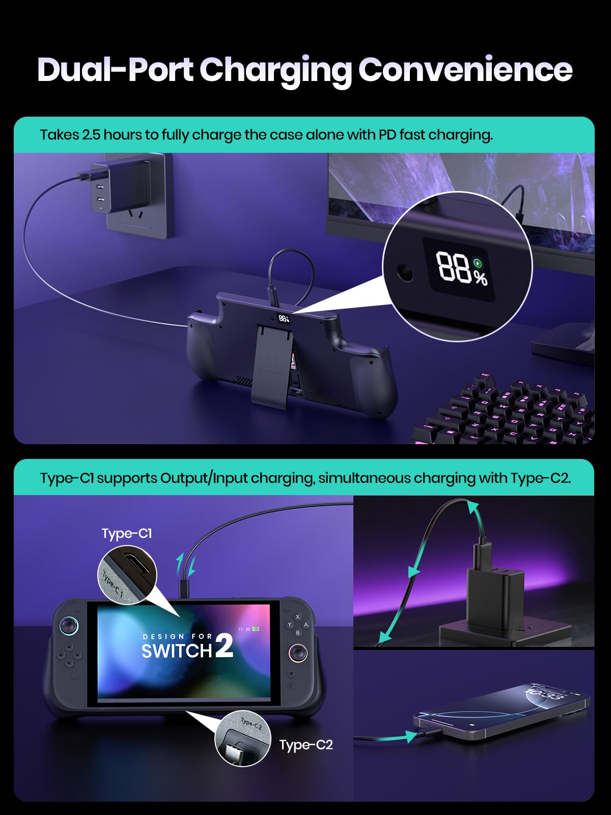 GagaKing 10000mAh Akku Hülle für Nintendo Switch 2, LED-Anzeige Schnellladegerät mit Spielkarten für Switch 2, Dockable Ergonomische Schutzhülle Tragbar Case Cover, Switch 2 Zubehör