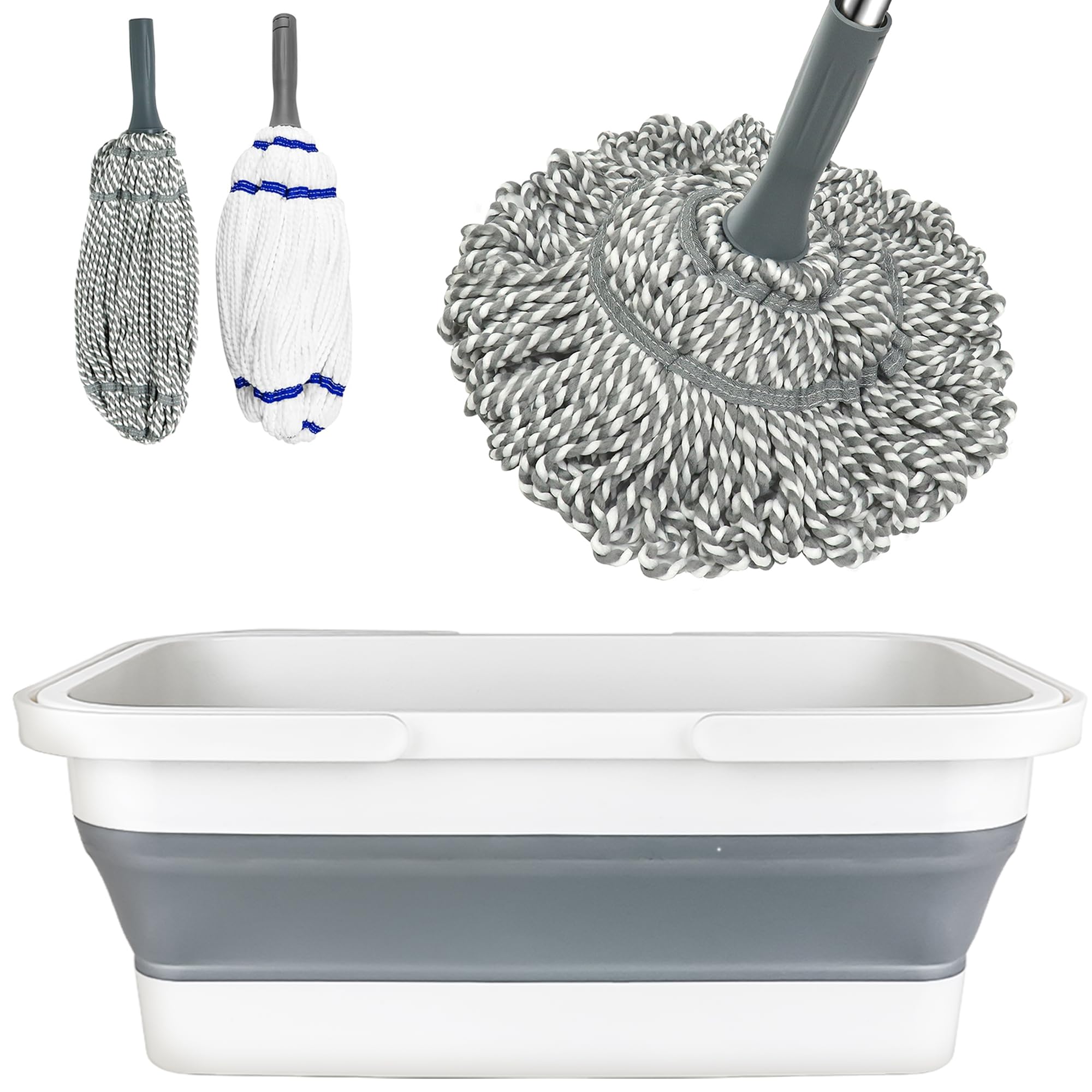 Self Wringing Mop with Bucket- Easy Squeeze Twist Mop with 52.5 Inch Long Handle, Heavy Duty for Hardwood, Tile, Vinyl &amp; Laminate Floors (Gray+White)
