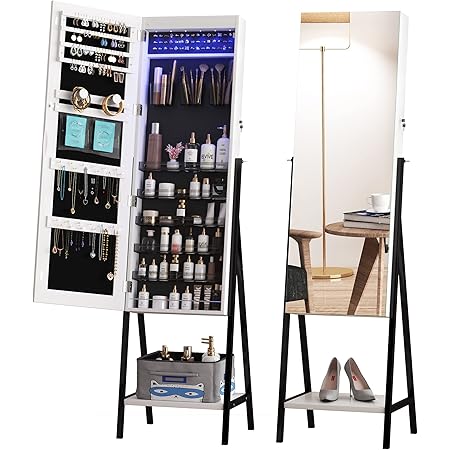 LVSOMT 6 LEDs Freestanding Jewelry Armoire with Full-Length Floor Standing Mirror, Lockable Storage Cabinet, Dressing Body Mirror, Large Capacity Organizer with Cosmetic Bags, Trays, Shelves (White)
