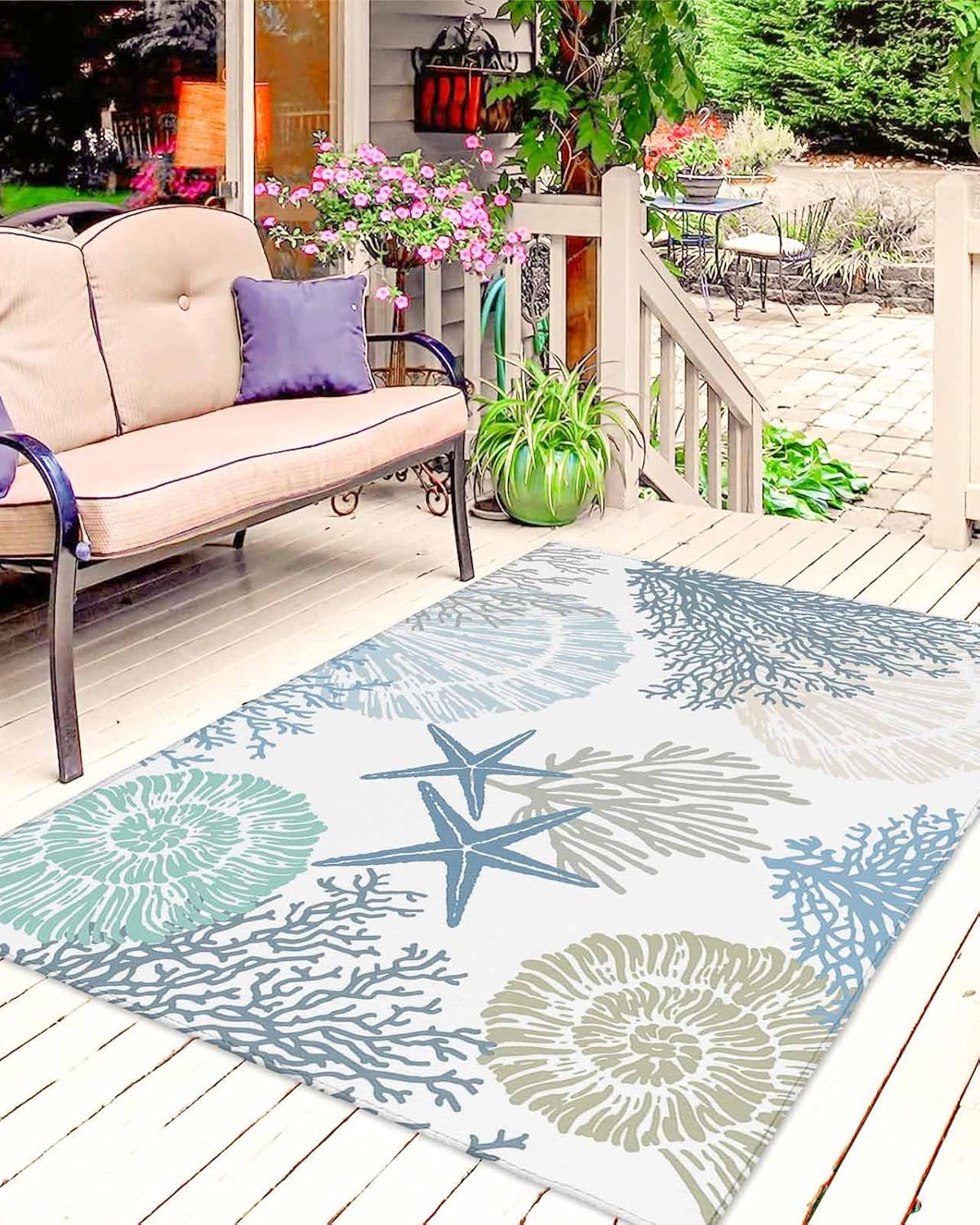 Coastal Outdoor Rug for Patio/Deck/Porch, Summer Beach Blue