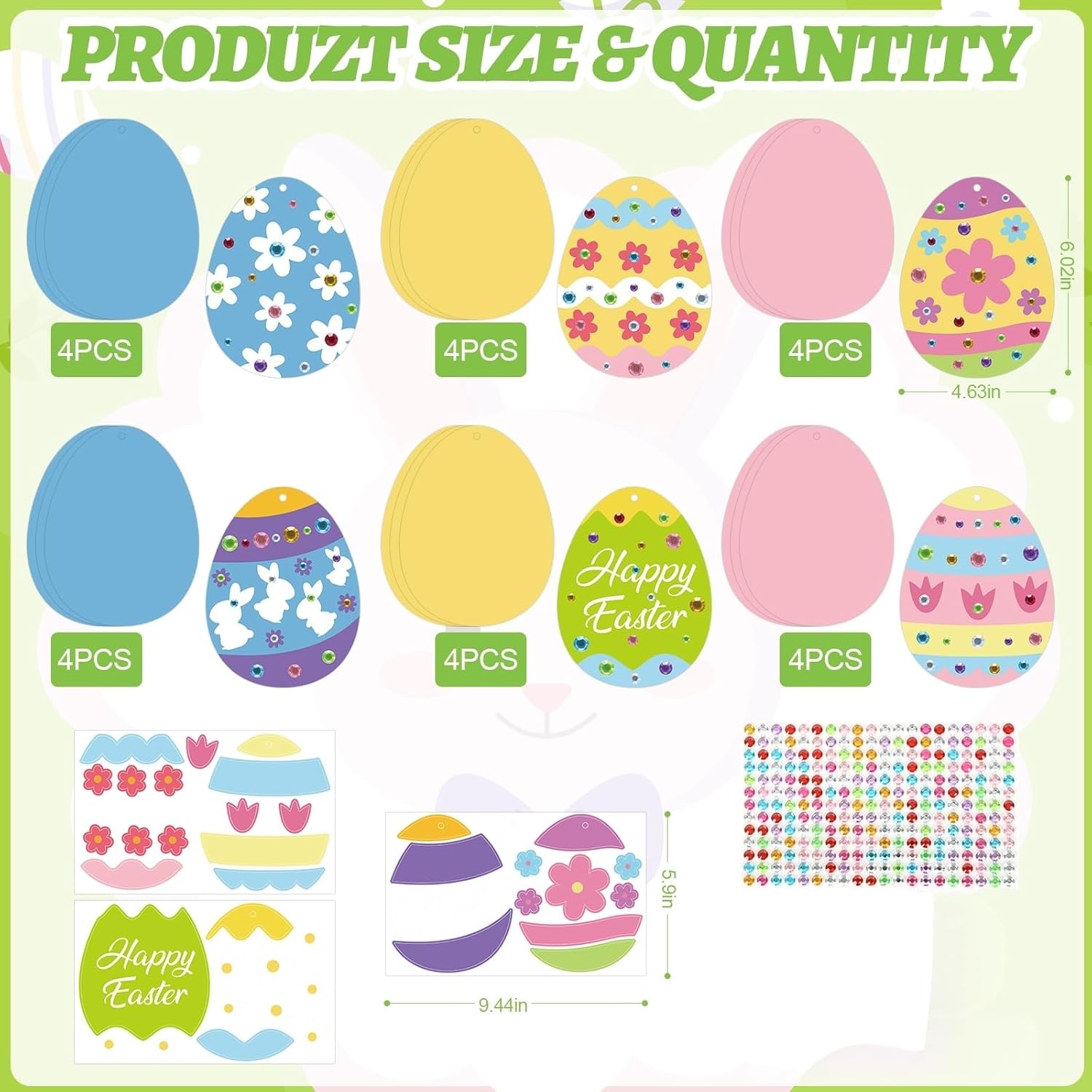 PAIVSUN 24Pcs Easter Crafts Kit, Make Your Own Easter Egg Arts and Crafts Set, DIY Self-Adhesive Bunny Sticker Handmade Artwork Decorations Spring Party Favors Supplies