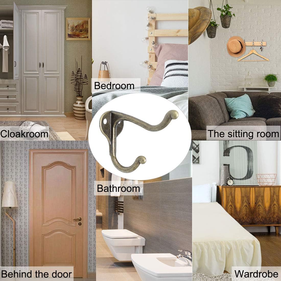 uxcell 2pcs Dual Robe Hook Metal Wall Mounted Hooks Coat Clothes Bag Wall Clasp Bathroom Hanger w Screws Home Storage, Bronze Tone