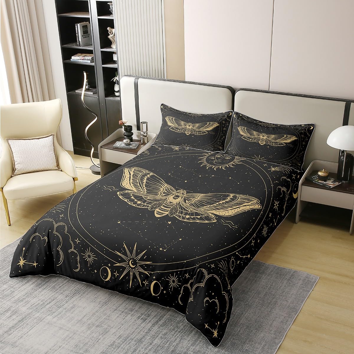 Death Moth Door 100% Cotton Duvet Cover Kids Sun Moon Bedding Set Skull Decor Rugs for Living Room Boho Exotic Halloween Decorations Gold Grey Bedding Set Cover Room DecorBedspread Cover Double Size - Image 3