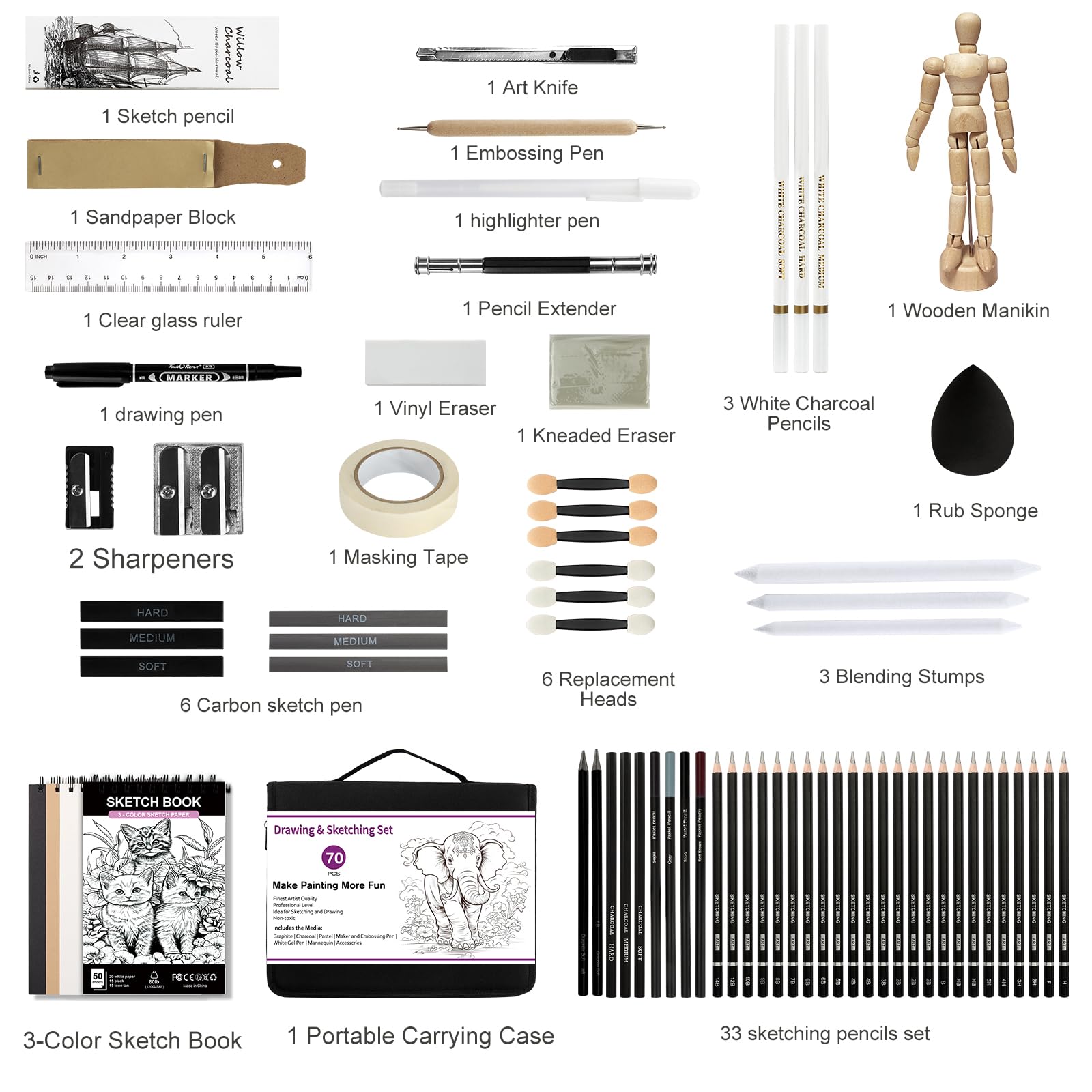 USHOP Set di Disegno e Schizzo da 70 Pezzi,Kit da disegno,Kit Matita Disegno,Forniture Artistiche Professionali,con album da disegno 3 colori,per Principianti Bambini,Artisti,Studenti