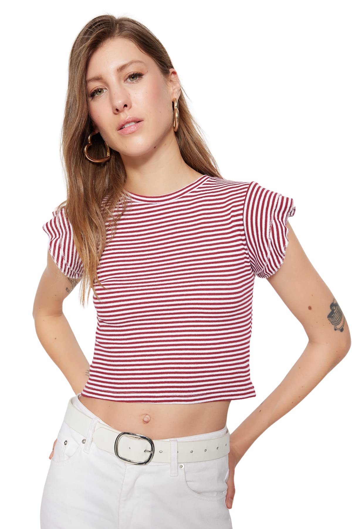 Trendyol Woman Fitted Basic Crew Neck Knit Blouse,Burgundy,L