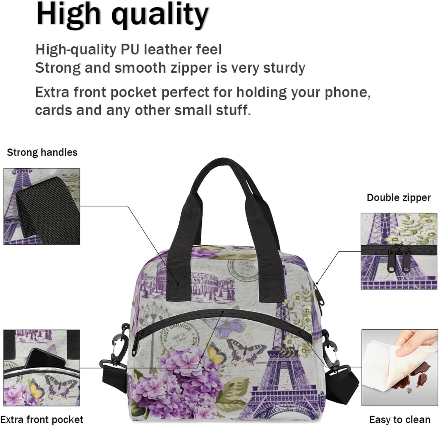 Eiffel Tower Insulated Lunch Bag for Women Men Reusable Lunch Box Cooler Tote Bag One Shoulder Portable Meal Bag Paris Theme Lunchbox for Work Picnic Beach