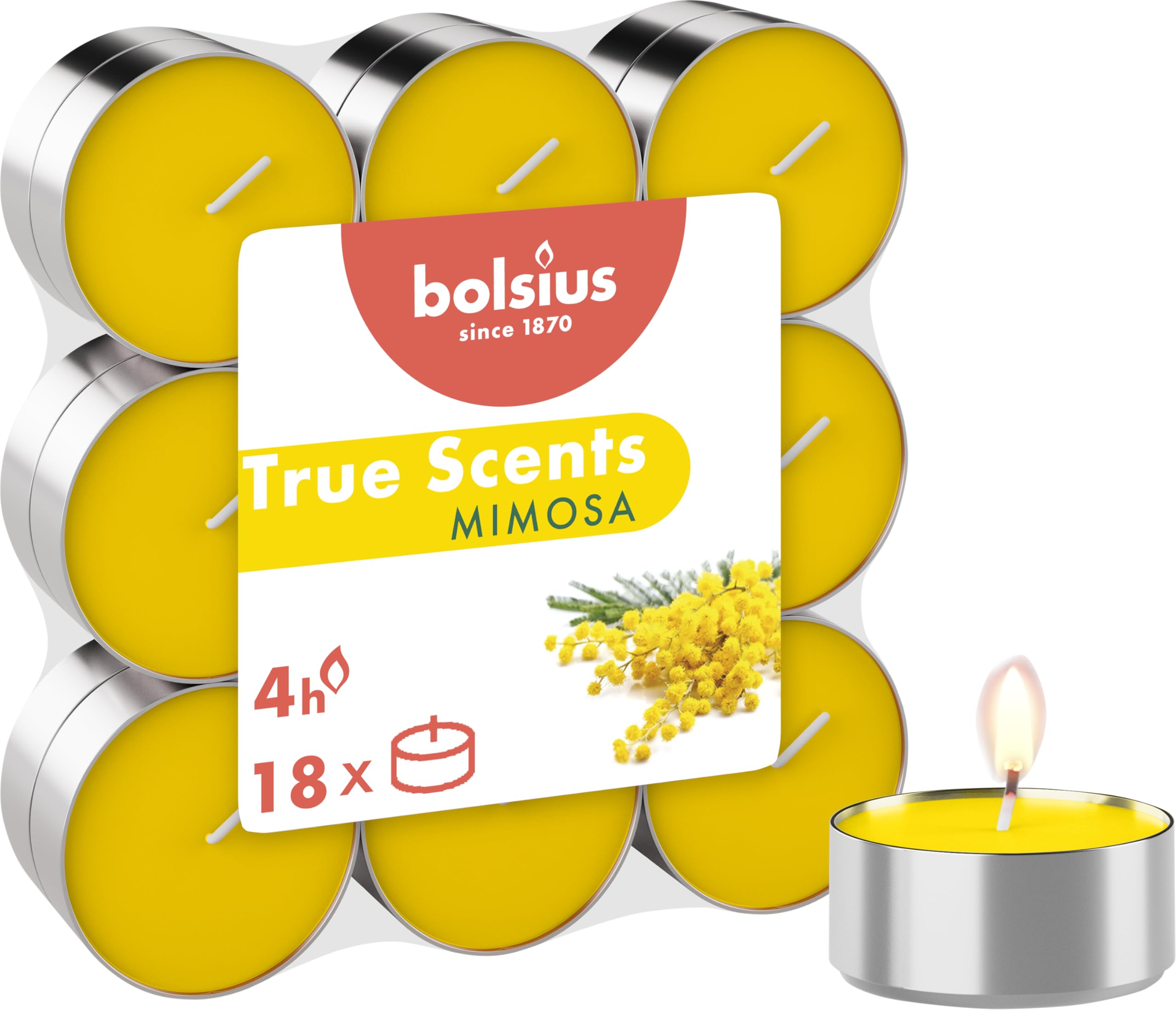 Bolsius - Set of 18 Scented Tealight Candles - Mimosa - Burn Time: 4 Hours - Home Decor - Natural Extracts - with Vegan Natural Wax