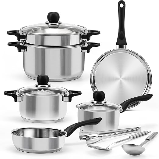 ASKSCICI Stainless Steel Cookware Set, 12Piece Pots and