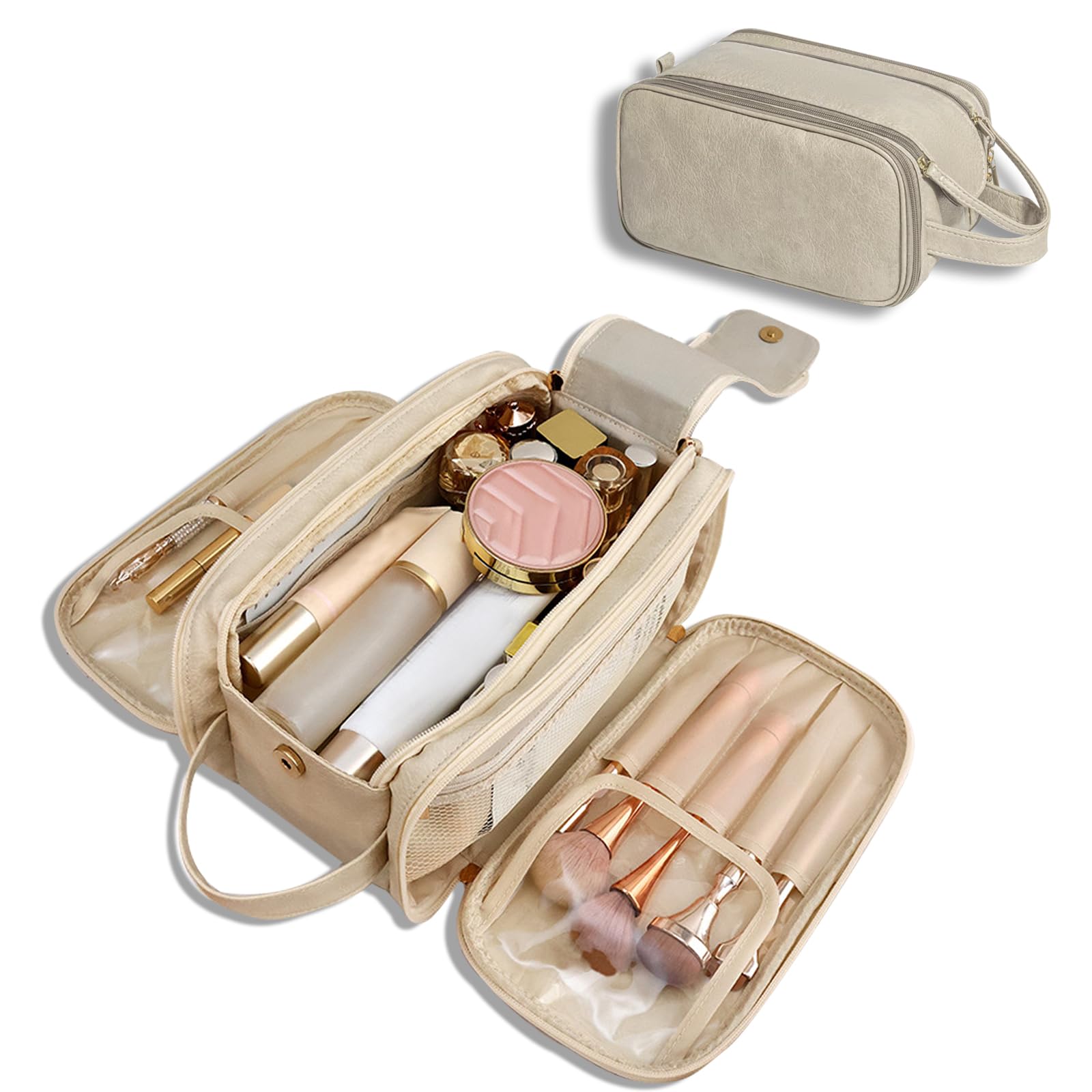 SUBAOQI Travel Toiletry Bag for Women Men, Large Travel Toiletry Organizer Makeup Bag, Hanging Cosmetic Bag dopp kit Leather skin care Waterproof Shaving Bag for Toiletries Accessories (beige)