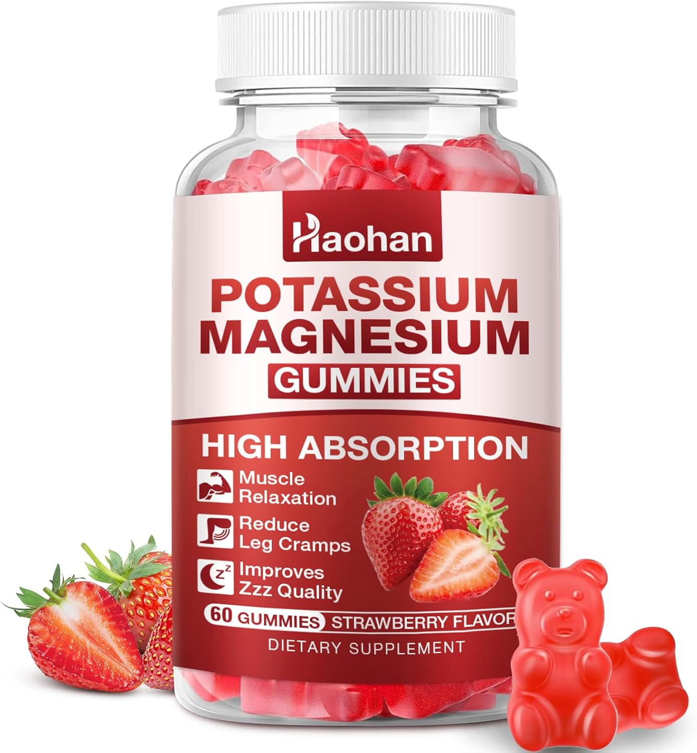 Potassium Magnesium Gummies with Electrolytes & Vitamins - Magnesium Glycinate, Potassium Citrate, Calcium, Vitamins B6, D3 & K2 for Muscle Function & Recovery - Vegan, Strawberry, 60 Count
