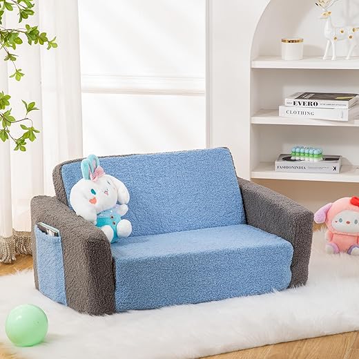 SUFUS Baby Toddler Sofa Couch for Kids Extra Wide 2-in-1 Toddler Sherpa Fold Out Couch Bed for Playroom, Pull Out Children Convertible Sofa to Lounger for Boys and Girls with Double Pockets, Grey-Blue