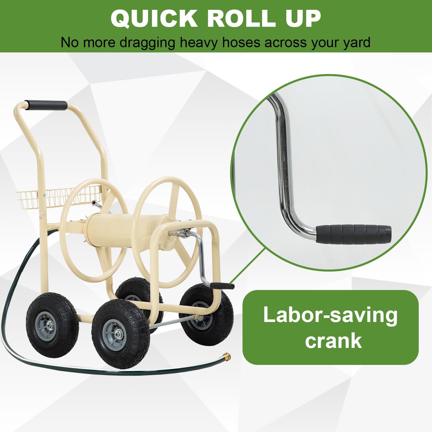 Hose Reel Cart, Hose Cart with Wheels, Water Hose Reel Cart Hose Reels for Outside,Holds 300 FT (5/8") Capacity, Outdoor Watering Cart with Storage Basket for Lawn, Patio, and Farm (Tan)