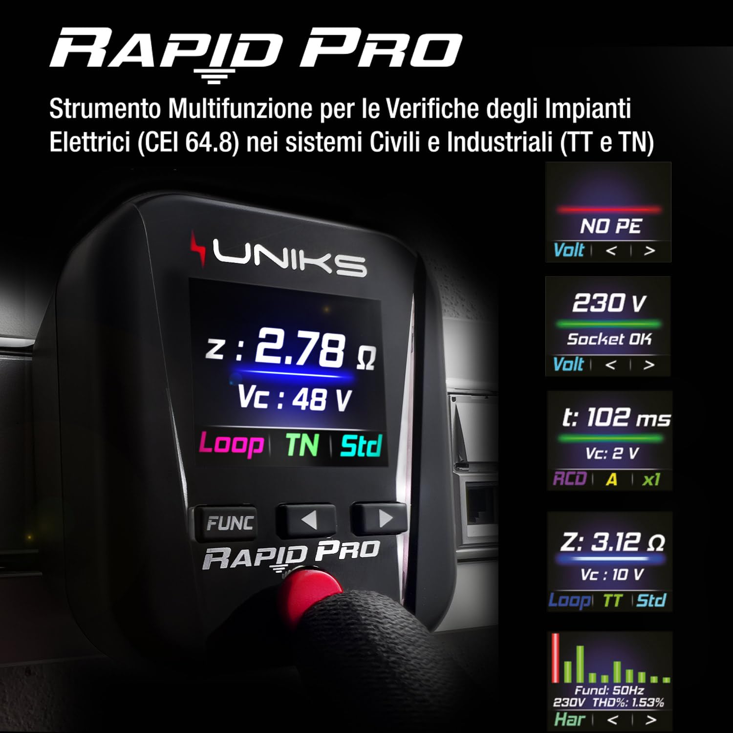UNIKS RAPIDPROEDITION2 CL2 + RapidPRO - Szczypce amperometryczne do dyspersji i profesjonalnego testera RCD, ziemi i gniazd, multimetr TRMS AC/DC