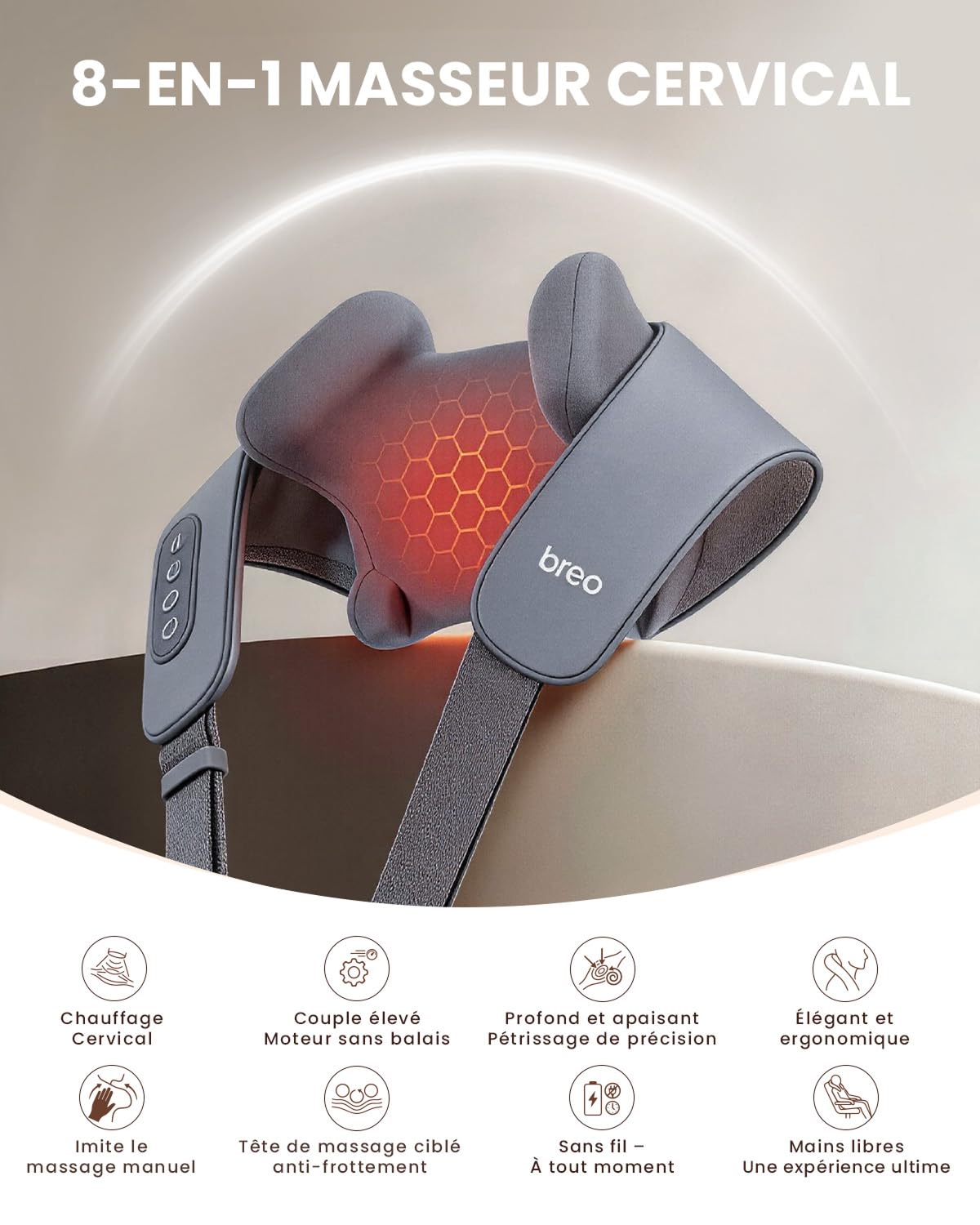 Breo N5mini Masseur de cou avec chaleur, pétrissage Shiatsu 5D, Gris