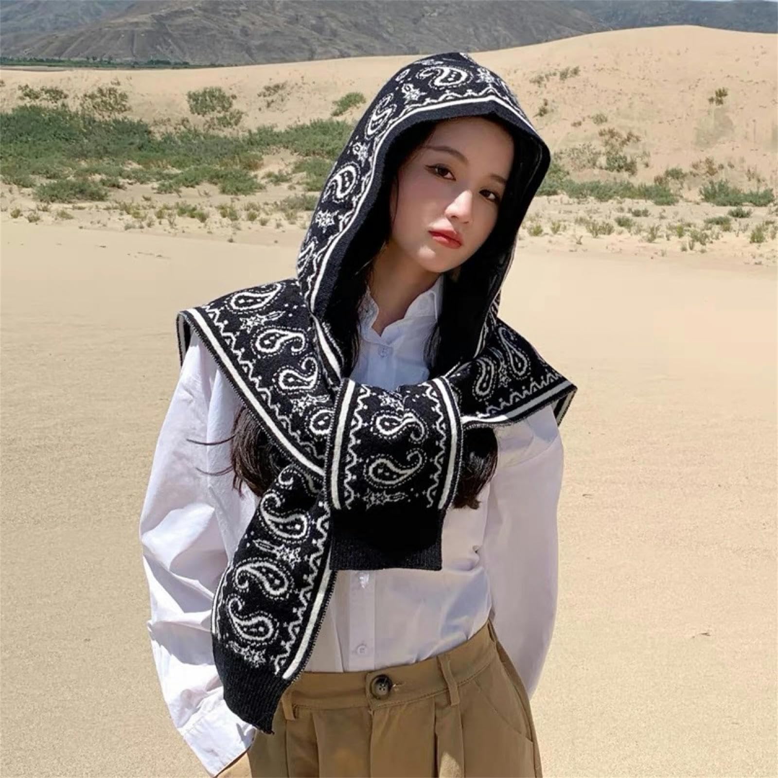 Poncho Donna Scialchina con Cappuccio Donne Autunno E Inverno in Inverno Stile Etnico Sciarpa Calda Addensata-Beige