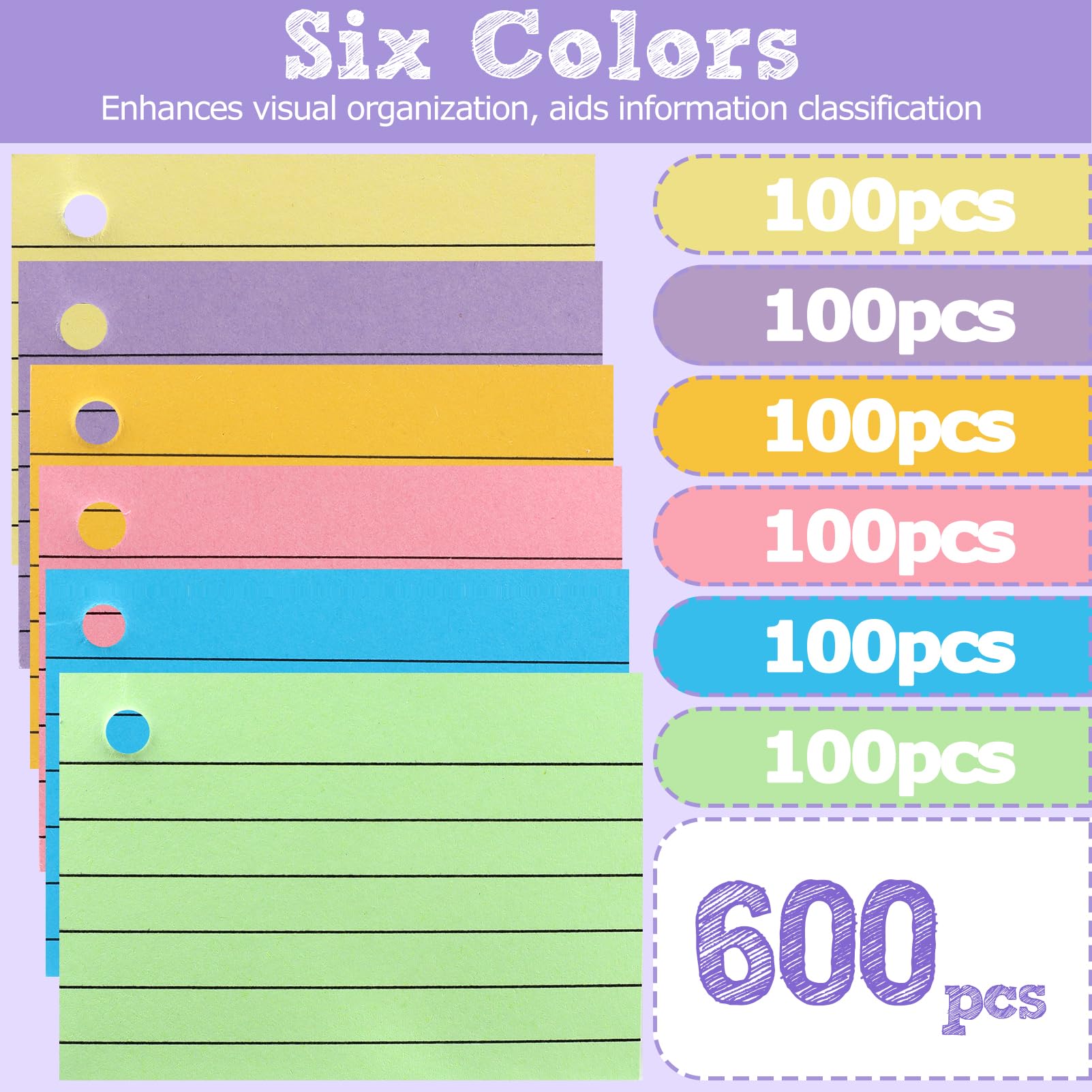 Schede di revisione A8 con copertina in carta kraft e anello a foglia, 600 flash card fronte/retro, carta a righe sei colori, 7,4 x 5,2 cm per ufficio casa scuola