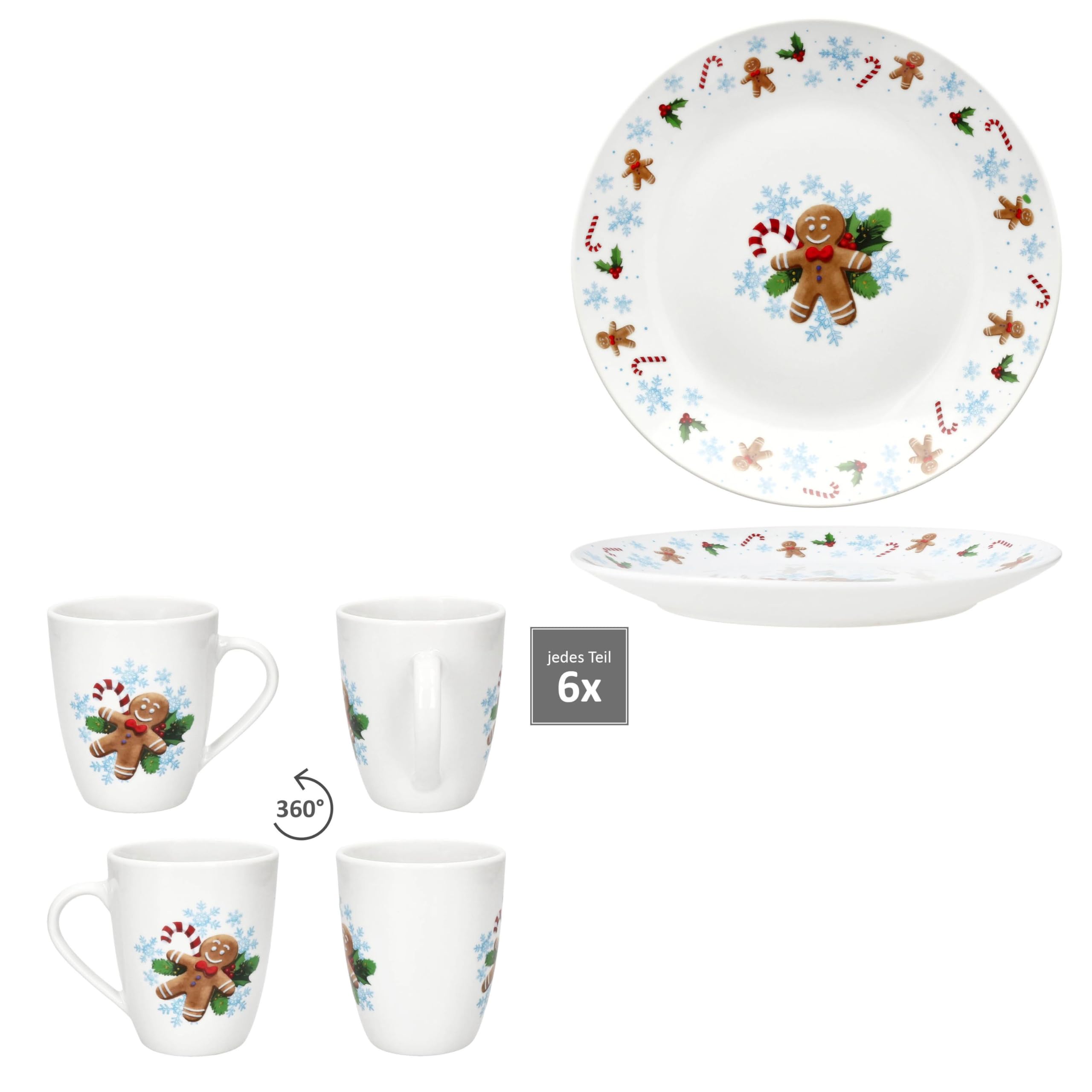 MamboCat Candyman 12tlg Frühstücksset I Je 6x kleine Frühstücksteller & Becher 320ml für 6 Personen mit eisblauem Weihnachtsdekor für Weihnachten, Advent & Nikolaus