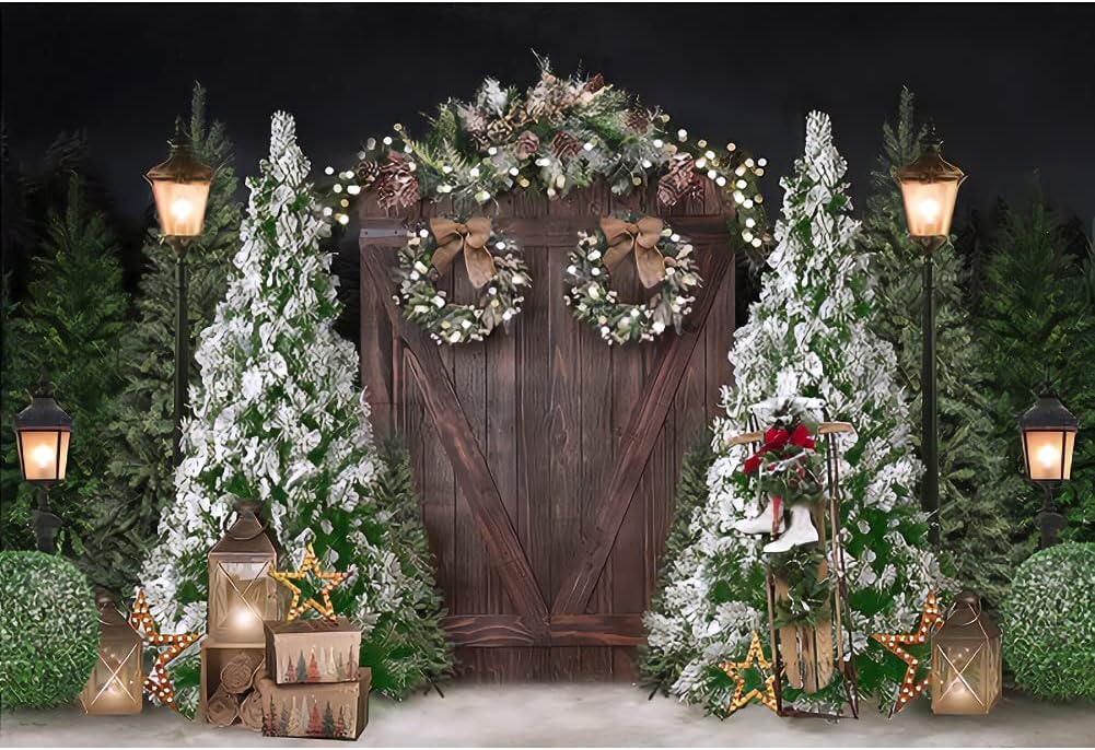 DASHAN 10x6.5ft Christmas Party Backdrop Green Christmas Pine Trees Rustic Wood Barn Door Photography Wreath Lamps Gift Box Background for Xmas Party Adult Kids Decoration Photoshoots Studio Props