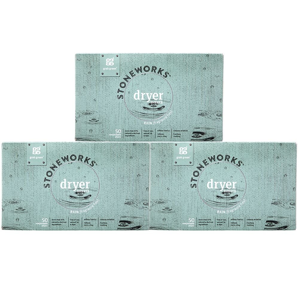 Grab Green Stoneworks Dryer Sheets, Naturally-Derived & Compostable, Free of Wax & Animal-Derived Ingredients, Fragrance Free Rain, 50 Sheets, 3-Pack