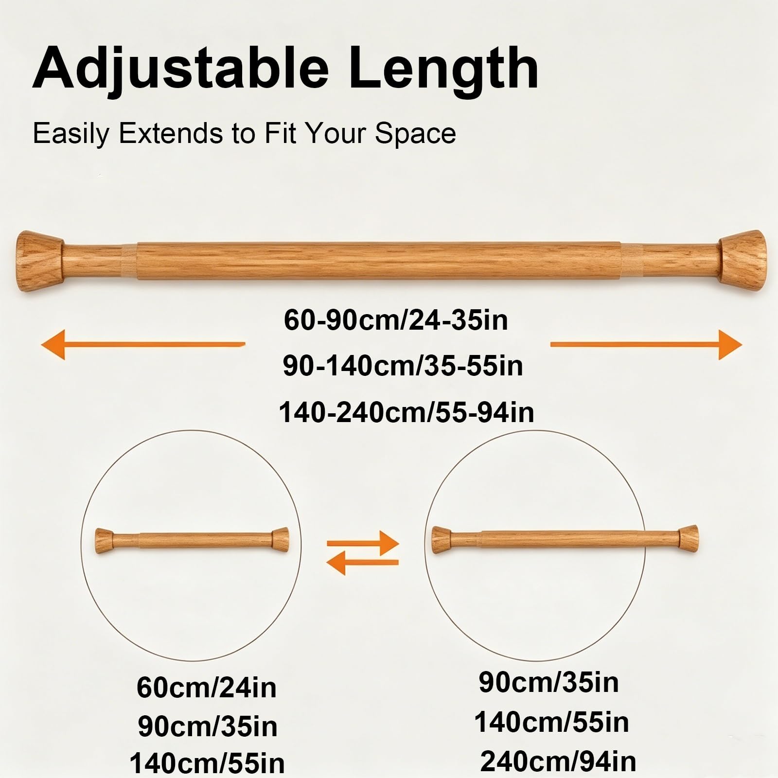 Duschvorhangstange mit Federspannung, 60–240 Cm, Abnehmbare Teleskopstange, Rutschfeste für Fenster Schrank Kein Bohren Erforderlich(Black,60-90cm/24-31in)
