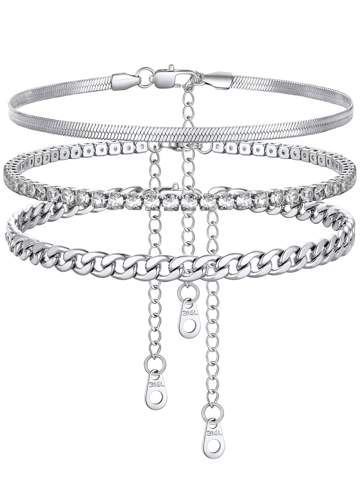 FindChic Black/Silver/Gold Plated Anklets Set of 2PCS/3PCS Herringbone Chain Cuban Link Heart Charm Sparkling Tennis Ankle Bracelets, Waterproof