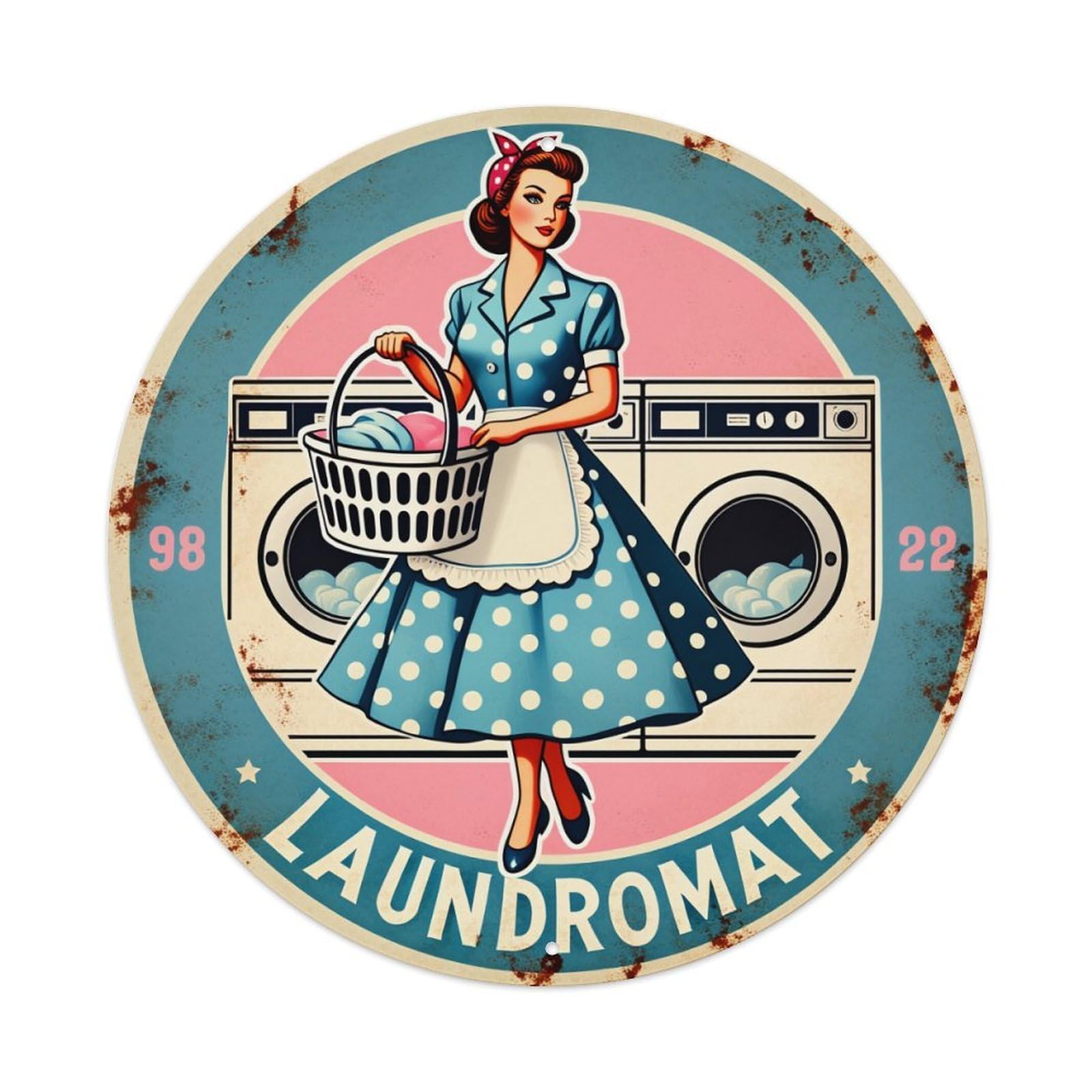 Retro Woman Laundry Basket Machine Round Tin Sign Retro Metal Sign for Cafe Bar Pub Home Game Room Gym Club Wall Decoration Vintage Metal Poster 8x8 Inch
